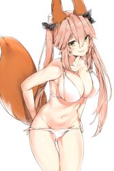 Rule 34 | 10s, 1girl, animal ear fluff, animal ears, bikini, bikini pull, bow, breasts, cleavage, clothes pull, collarbone, cowboy shot, fang, fate/extra, fate (series), fox ears, fox tail, gluteal fold, hair between eyes, hair bow, highres, large breasts, leaning forward, long hair, looking at viewer, navel, parted lips, pink hair, sidelocks, silver (chenwen), simple background, smile, solo, swimsuit, tail, tamamo (fate), tamamo no mae (fate/extra), twintails, white background, white bikini, yellow eyes