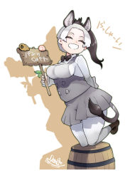 Rule 34 | 1girl, ^ ^, animal ears, arm behind back, artist name, barrel, black hair, bow, bowtie, closed eyes, collared shirt, commentary request, dated, den (zeroshiki), donkey (kemono friends), donkey ears, donkey tail, extra ears, closed eyes, facing viewer, full body, grey hair, hand up, head tilt, high ponytail, holding, holding sign, kemono friends, kneeling, long hair, long sleeves, miniskirt, multicolored hair, open mouth, pantyhose, pleated skirt, shirt, shoes, sign, skirt, smile, solo, tail, translated, vest