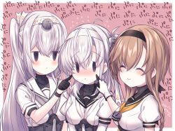 Rule 34 | 2girls, black hairband, black sailor collar, braid, breasts, cheek poking, closed eyes, commentary request, fuyutsuki (kancolle), gloves, hairband, kabocha torute, kantai collection, light brown hair, long hair, medium breasts, multicolored clothes, multicolored gloves, multiple girls, neckerchief, one side up, poking, sailor collar, smile, solid oval eyes, suzutsuki (kancolle), teruzuki (kancolle), twin braids, white hairband, white neckerchief, white sailor collar, yellow neckerchief
