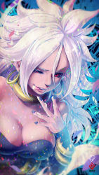 Rule 34 | 1girl, :p, absurdres, android 21, bare shoulders, black nails, black sclera, breasts, choker, cleavage, colored sclera, colored skin, cream, dragon ball, dragon ball fighterz, earrings, hair between eyes, highres, hoop earrings, jewelry, kanchiyo, large breasts, long hair, looking at viewer, majin android 21, nail polish, pink skin, red eyes, signature, solo, tongue, tongue out, upper body, white hair