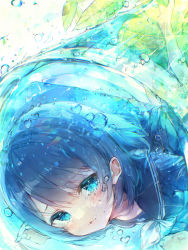 Rule 34 | 1girl, ame929, barefoot, blue eyes, blue hair, blush, bubble, chromatic aberration, highres, lemonade, looking at viewer, open mouth, original, short hair, solo, underwater