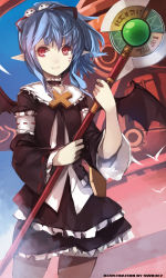 Rule 34 | 1girl, alwen du moonbria, artist name, bad id, bad pixiv id, bat wings, blue hair, choker, frills, holding, pantyhose, pointy ears, ponytail, red eyes, sketch, smile, solo, staff, swd3e2, wings, zwei!!, zwei 2