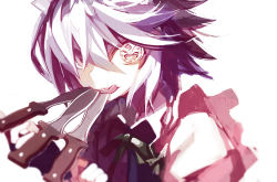 Rule 34 | 1girl, blurry, bow, cinkai, clock eyes, dagger, frills, heterochromia, izayoi sakuya, knife, looking at viewer, mouth hold, puffy sleeves, short hair, silver hair, simple background, solo, symbol-shaped pupils, tongue, tongue out, touhou, upper body, vest, weapon, white background