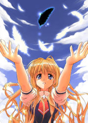 Rule 34 | 00s, 1girl, air (visual novel), blonde hair, blue eyes, blue sky, cloud, cross, day, feathers, hair intakes, hirasaka makoto, kamio misuzu, long hair, looking at viewer, outdoors, outstretched arms, school uniform, sky, solo, upper body