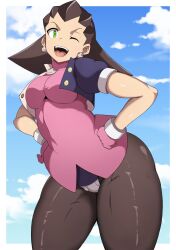 Rule 34 | 1girl, ;d, blue sky, breasts, brown pantyhose, cloud, codpiece, cowboy shot, cropped jacket, crotch plate, curvy, dress, earrings, gloves, green eyes, hair pulled back, hair slicked back, hairband, hands on own hips, highres, jewelry, medium breasts, mega man (series), mega man legends (series), one eye closed, open mouth, oryutoo, pantyhose, pink dress, pink gloves, pink hairband, skull earrings, sky, smile, solo, teeth, the misadventures of tron bonne, thick thighs, thighs, tron bonne (mega man), upper teeth only, wide hips