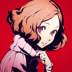 Rule 34 | 10s, 1girl, brown hair, chromatic aberration, ilya kuvshinov, lips, looking at viewer, looking to the side, okumura haru, parted lips, persona, persona 5, portrait, purple eyes, red background, short hair, smile, solo, turtleneck, upper body