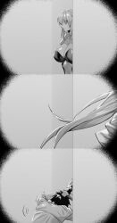 1boy 1girl breasts cleavage fate/grand_order fate_(series) fujimaru_ritsuka_(male) greyscale highres hxd large_breasts long_hair monochrome morgan_le_fay_(fate) ponytail short_hair trembling