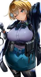 Rule 34 | 1girl, absurdres, arm behind head, belt, black pantyhose, blonde hair, blue belt, blue eyes, breasts, button gap, collared shirt, cuffs, girls&#039; frontline, gloves, hair between eyes, hair ornament, handcuffs, highres, jacket, large breasts, long sleeves, moko (moko/moko), mole, mole under eye, one eye closed, pantyhose, pouch, shirt, shirt tucked in, short hair, skirt, snowflake hair ornament, solo, taut clothes, taut skirt, thigh pouch, vsk-94 (girls&#039; frontline)