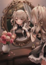 Rule 34 | 1girl, apron, black dress, black ribbon, blurry, blurry background, blush, brown eyes, closed mouth, commentary request, different reflection, dress, drill hair, flower, frilled wrist cuffs, frills, hair ribbon, highres, holding, indoors, long hair, looking at viewer, maid, mirror, neck ribbon, original, painting (object), photo (object), picture frame, pink flower, pink rose, puffy short sleeves, puffy sleeves, red flower, reflection, ribbon, rose, short sleeves, solo, twin drills, twintails, upper body, vase, waist apron, weri, white wrist cuffs, wrist cuffs