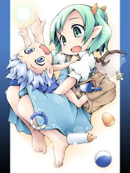 Rule 34 | 2girls, aged down, baby, baby bottle, bag, ball, barefoot, blue dress, blue eyes, blue hair, blue skirt, bottle, child, cirno, daiyousei, dress, energy ball, fairy wings, green eyes, green hair, hair ribbon, ham (points), ice, ice wings, multiple girls, open mouth, pacifier, pointy ears, puffy sleeves, rattle, ribbon, short sleeves, shoulder bag, side ponytail, sitting, sitting on lap, sitting on person, skirt, touhou, wings