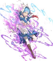 Rule 34 | 1girl, apron, aura, blue dress, blue hair, boots, braid, breasts, dark aura, dress, fire emblem, fire emblem fates, fire emblem heroes, forehead jewel, full body, gem, gradient hair, hat, highres, knee boots, kousei horiguchi, leg up, lilith (fire emblem), long hair, long sleeves, looking away, medium breasts, multicolored hair, nintendo, non-web source, official art, pale skin, pantyhose, parted lips, puffy sleeves, red hair, single braid, slit pupils, solo, teeth, torn clothes, torn pantyhose, transparent background, two-tone hair, white pantyhose, yellow eyes