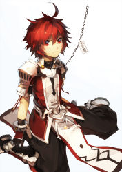 Rule 34 | 1boy, armor, black pants, chain, collar, elsword, elsword (character), gloves, lord knight (elsword), male focus, pants, pauldrons, red eyes, red hair, scorpion5050, shoulder armor, sitting, solo, translation request, wariza
