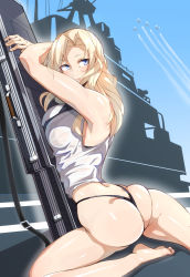 Rule 34 | 1girl, aircraft, ass, ayakumo, bare legs, barefoot, black necktie, black panties, blonde hair, blue eyes, blue sky, breasts, closed mouth, flight deck, weapon case, highleg, highleg panties, hornet (kancolle), kantai collection, large breasts, leaning on object, long hair, looking back, necktie, on one knee, panties, shirt, sky, sleeveless, sleeveless shirt, soles, solo, toes, underwear, white shirt