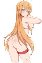 Rule 34 | 1girl, ahoge, ass, bare shoulders, bikini, blue eyes, breasts, butt crack, from behind, from side, hair between eyes, hand up, kneepits, large breasts, long hair, looking at viewer, looking back, open mouth, orange hair, pecorine (princess connect!), princess connect!, red legwear, seihekiog, shiny skin, sideboob, simple background, solo, standing, string bikini, swimsuit, thigh strap, thighs, underboob, very long hair, white background, white bikini