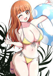 1girl bikini blue_innertube blunt_bangs breasts brown_eyes eyebrows_hidden_by_hair front-tie_bikini_top front-tie_top girls_und_panzer large_breasts one_eye_closed open_mouth orange_hair plant polka_dot_innertube sandals side-tie_bikini_bottom simple_background smile solo standing standing_on_one_leg swimsuit takebe_saori white_background yahow yellow_bikini