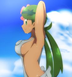 Rule 34 | alternate breast size, apron, arms up, breasts, creatures (company), dark-skinned female, dark skin, game freak, green eyes, green hair, highres, large breasts, low twintails, mallow (pokemon), naked apron, naked overalls, nintendo, overall shorts, overalls, pokemon, pokemon sm, profile, robert m, sideboob, solo, twintails, wet