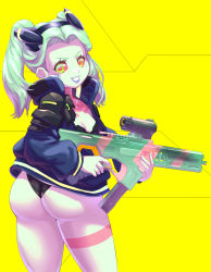 Rule 34 | 1girl, absurdres, ass, black panties, blue hair, blue jacket, blue lips, blue skin, breasts, cjhomics, cleavage, colored sclera, colored skin, cowboy shot, cyberpunk (series), cyberpunk edgerunners, from behind, green eyes, grin, gun, hairband, highres, huge ass, jacket, lips, long hair, long sleeves, looking back, medium breasts, multicolored eyes, panties, petite, rebecca (cyberpunk), red eyes, red sclera, rifle, shiny skin, simple background, smile, solo, standing, thighs, thong, twintails, underwear, weapon, wide hips, yellow background