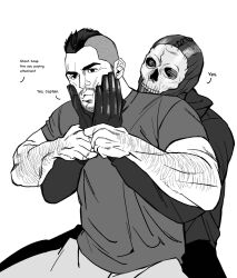 Rule 34 | 2boys, arm hair, bara, bonjourdraws, call of duty, call of duty: modern warfare 2, closed mouth, english text, facial hair, ghost (modern warfare 2), gloves, greyscale, hands on another&#039;s face, highres, jacket, looking at another, male focus, mask, monochrome, multiple boys, muscular, muscular male, pants, shirt, short hair, simple background, skull mask, soap (modern warfare 2), yaoi
