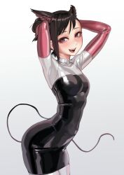 Rule 34 | 1girl, :d, absurdres, adjusting hair, animal ears, arched back, armpits, arms up, blush, brown eyes, brown hair, fur, highres, kilye kairi, latex, looking at viewer, open mouth, original, simple background, skin tight, smile, solo, white background