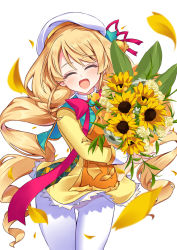 Rule 34 | 1girl, :d, bad anatomy, bell, blonde hair, bouquet, bow, closed eyes, ennishi, facing viewer, flower, flower knight girl, hat, holding, holding bouquet, long hair, open mouth, red bow, red ribbon, ribbon, sandersonia (flower knight girl), smile, standing, very long hair, white background, white hat, white legwear
