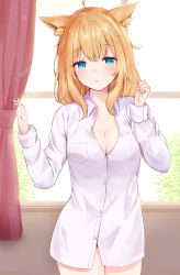 Rule 34 | 1girl, absurdres, ahoge, animal ear fluff, blonde hair, blue eyes, blush, breasts, cleavage, closed mouth, commentary request, cowboy shot, curtains, day, dress shirt, hair between eyes, hands up, highres, indoors, long hair, long sleeves, looking at viewer, medium breasts, naked shirt, original, racchi., shirt, sleeves past wrists, solo, standing, sunlight, white shirt, window
