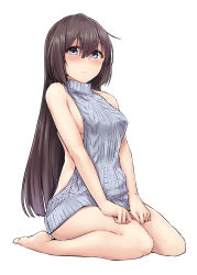 Rule 34 | 1girl, absurdres, akizuki (kancolle), alternate costume, alternate hairstyle, backless dress, backless outfit, bare shoulders, barefoot, black hair, blue eyes, blush, breasts, brown hair, closed mouth, dress, full body, hair down, highres, kantai collection, kiritto, long hair, looking at viewer, meme attire, naked sweater, ribbed sweater, simple background, sitting, small breasts, solo, sweater, sweater dress, turtleneck, turtleneck sweater, virgin killer sweater, wariza, white background