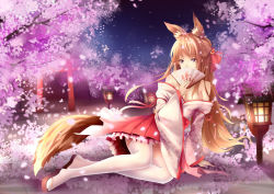 Rule 34 | 1girl, animal ears, arm support, blonde hair, breasts, cherry blossoms, cleavage, covering own mouth, floral print, folding fan, fox ears, fox tail, frilled skirt, frills, hand fan, highres, japanese clothes, kitsune, lantern, lying, medium breasts, miko, night, night sky, off shoulder, on ground, original, outdoors, pleated skirt, sandals, skirt, sky, solo, tail, thighhighs, torii, white thighhighs, wide sleeves, wooden lantern, yellow eyes, yeluno meng