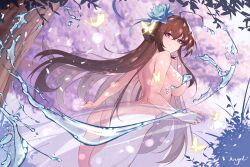 Rule 34 | 1girl, absurdres, ahoge, ass, breasts, brown hair, bug, butterfly, closed mouth, commentary request, flower, from behind, from below, hair flower, hair ornament, highres, insect, large breasts, lc angel, long hair, looking at viewer, nude, original, purple eyes, smile, solo, tree
