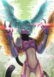 Rule 34 | 1girl, belt collar, bikini, black scarf, blue eyes, blue hair, blush, breasts, character name, claws, collar, commentary, covered mouth, cowboy shot, digimon, digimon (creature), eyebrows hidden by hair, facial mark, feathered wings, feathers, garter straps, gauntlets, glowing hands, green background, groin, hair wings, head wings, highres, looking at viewer, mask, medium breasts, midriff, mouth mask, navel, nose blush, purple bikini, purple thighhighs, revealing clothes, rui rubellent, scarf, short hair, shoulder pads, shutumon, sidelocks, solo, swimsuit, thighhighs, toned, wings
