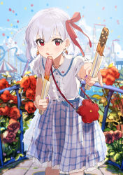 Rule 34 | 1girl, :q, alternate costume, amusement park, bag, belt, blue belt, blue skirt, blush, buttons, churro, collar, collared shirt, commentary, cowboy shot, day, earrings, eyelashes, fate/grand order, fate (series), flower, food, hair ribbon, highres, holding, holding food, incoming food, jewelry, kama (fate), looking at viewer, medium hair, plaid, plaid skirt, red eyes, red flower, red ribbon, red rose, ribbon, rizu033, rose, shirt, short sleeves, skirt, solo, stone floor, sunlight, tongue, tongue out, white hair, white shirt