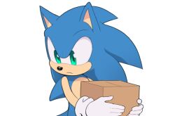 Rule 34 | 1boy, animal ears, animal nose, blue fur, box, closed mouth, commentary, english commentary, furry, furry male, gloves, green eyes, hands up, hedgehog, hedgehog ears, hedgehog tail, highres, holding, holding box, looking to the side, male focus, simple background, solo, sonic (series), sonic the hedgehog, standing, tail, toonsite, white background, white gloves