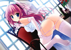Rule 34 | 1girl, absurdres, alcohol, ass, blue eyes, braid, bridal veil, bride, chair, cup, dress, unworn dress, drinking glass, elbow gloves, feet, garter belt, gloves, highres, lingerie, looking back, no shoes, panties, panty pull, pink hair, pink thighhighs, princess evangile, rousen&#039;in rise, smile, solo, thighhighs, underwear, veil, wedding dress, white thighhighs, wine, wine glass, yamakaze ran