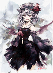 Rule 34 | 1girl, :d, akasia, alternate costume, ascot, bare shoulders, black dress, clothing cutout, collarbone, commentary, cowboy shot, dress, eyelashes, fangs, grey hat, hair between eyes, hat, hat ribbon, highres, light purple hair, long sleeves, looking at viewer, mob cap, open mouth, red ascot, red eyes, red ribbon, remilia scarlet, ribbon, short hair, shoulder cutout, smile, solo, touhou, twitter username, wide sleeves, wings