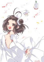 Rule 34 | 10s, 1girl, :d, ahoge, alternate costume, antenna hair, artist name, backless dress, backless outfit, bare back, bare shoulders, bouquet, bride, brown eyes, brown hair, double bun, dress, flower, hair bun, hair ornament, kantai collection, looking at viewer, naka (kancolle), open mouth, petals, sensen, short hair, simple background, smile, solo, wedding dress, white dress
