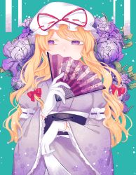 Rule 34 | 1girl, absurdres, blonde hair, bow, covering own mouth, dress, floral background, floral print, flower, flower request, folding fan, gloves, hair bow, hand fan, hat, hat ribbon, highres, holding, japanese clothes, long hair, long sleeves, looking to the side, mob cap, purple eyes, purple flower, ribbon, solo, toraneko 2, touhou, white gloves, wide sleeves, yakumo yukari