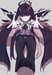 Rule 34 | 1girl, absurdres, ahoge, arknights, ascot, barefoot, belt, black ascot, black eyes, black hair, black halo, black nails, black skirt, black thighhighs, black wings, blunt bangs, breasts, broken halo, clothing cutout, collared jacket, commentary, dark halo, energy wings, feet, foot focus, foreshortening, full body, grey background, halo, highres, hime cut, jacket, legs, long hair, looking at viewer, medium breasts, nail polish, naughty face, navel, navel cutout, no shoes, open hands, palms, parted lips, applying pedicure, pointing, pointing at viewer, see-through, see-through thighhighs, shadow, short-sleeved jacket, short sleeves, sidelocks, simple background, sitting, skirt, soles, solo, symbol-only commentary, thighhighs, thighs, toenail polish, toenails, toes, very long hair, virtuosa (arknights), wakamoto zenko, white belt, white jacket, wings