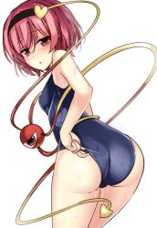 Rule 34 | 1girl, :o, alternate costume, ass, blush, breasts, cowboy shot, eyeball, hairband, heart, highres, janne cherry, komeiji satori, looking at viewer, looking back, one-hour drawing challenge, one-piece swimsuit, pink eyes, pink hair, school swimsuit, short hair, small breasts, solo, swimsuit, third eye, touhou, wet, white background