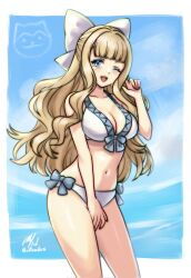 1girl ;d adjusting_hair alternate_costume artist_name bikini blonde_hair blue_eyes blunt_bangs breasts charlotte_(fire_emblem) cleavage fire_emblem fire_emblem_fates hair_ribbon highres large_breasts long_hair looking_at_viewer navel nintendo one_eye_closed open_mouth ribbon rotomdocs smile solo swimsuit white_bikini