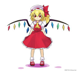 Rule 34 | 1girl, artist name, ascot, bad id, bad pixiv id, blonde hair, bobby socks, closed mouth, collar, crystal, dress, female focus, flandre scarlet, frilled collar, frilled skirt, frilled sleeves, frills, full body, hair between eyes, hat, jitome, kei-chan (atlas kei), light blush, looking at viewer, mary janes, mob cap, multicolored wings, neckerchief, orange eyes, ribbon, shoes, side ponytail, simple background, skirt, socks, solo, standing, touhou, watermark, white background, white socks, wings, yellow neckerchief