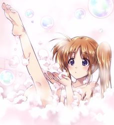 Rule 34 | 1girl, :o, artist name, barefoot, bath, bathing, blowing, breasts, brown hair, bubble, bubble bath, commentary request, dated, highres, kneepits, kuroi mimei, leg up, long hair, looking to the side, lyrical nanoha, mahou shoujo lyrical nanoha strikers, medium breasts, nude, parted lips, purple eyes, side ponytail, signature, sitting, soap bubbles, solo, takamachi nanoha