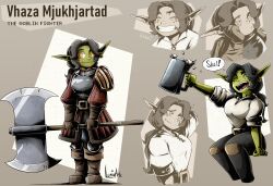 Rule 34 | 1girl, alcohol, arm behind head, armor, artist name, axe, battle axe, beer, beer mug, black hair, boots, breastplate, breasts, brown footwear, character name, closed eyes, colored skin, commentary, cup, earrings, english commentary, female goblin, goblin, green skin, grin, highres, holding, holding axe, huge weapon, invisible chair, jewelry, long hair, lumin artz, medium breasts, mug, open mouth, original, pointy ears, ponytail, signature, single earring, sitting, slit pupils, smile, weapon, yellow eyes