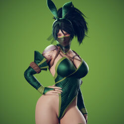 Rule 34 | 1girl, 3d, absurdres, akali, alternate costume, animal ears, black hair, blender (medium), breasts, bridal gauntlets, cowboy shot, fake animal ears, green background, green hairband, green leotard, hairband, hand on own hip, high ponytail, highleg, highleg leotard, highres, large breasts, league of legends, leotard, long hair, looking at viewer, mask, mouth mask, mouth veil, playboy bunny, rabbit ears, red eyes, ryanreos, see-through, shoulder tattoo, solo, tattoo, veil