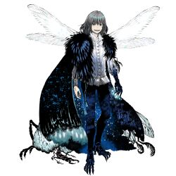 Rule 34 | 1boy, arthropod limbs, black pants, blue eyes, bug, cape, clawed feet, collared shirt, crown, fairy wings, fate/grand order, fate (series), grey hair, highres, insect wings, long sleeves, oberon (fate), oberon (third ascension) (fate), official art, oversized insect, pants, shirt, umino chika, wings