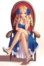 Rule 34 | 1girl, bare shoulders, blonde hair, blue dress, bow, breasts, chair, cleavage, dress, drill hair, fate/hollow ataraxia, fate (series), full body, hair bow, hair ribbon, high heels, highres, large breasts, legs, crossed legs, long hair, looking at viewer, luviagelita edelfelt, purple eyes, ribbon, shadow, shoes, sitting, smile, solo, tsukikanade
