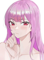 Rule 34 | 1girl, absurdres, blush, closed mouth, collarbone, commentary, darkzmonsty, english commentary, highres, hololive, hololive english, long hair, mori calliope, nude, pink hair, red eyes, simple background, solo, upper body, virtual youtuber, white background