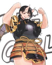 Rule 34 | 1girl, :d, absurdres, armor, black eyes, black hair, blunt bangs, breastplate, chipped tooth, commentary, dungeon meshi, english commentary, english text, fang, flexing, highres, horns, inutade, japanese armor, japanese clothes, kimono, kusazuri, looking at viewer, low twintails, mole, mole under eye, muscular, muscular female, oni, open mouth, reallycute456, sash, short kimono, skin-covered horns, smile, solo, thick thighs, thighs, twintails, white background, yellow kimono