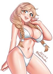 Rule 34 | 1girl, absurdres, bikini, braid, breasts, cloud hair ornament, cowboy shot, highres, kantai collection, katou shinobu, large breasts, light brown hair, lips, long hair, low twintails, minegumo (kancolle), one-hour drawing challenge, open mouth, red eyes, round teeth, simple background, smile, solo, swimsuit, teeth, twin braids, twintails, upper teeth only, white background, white bikini