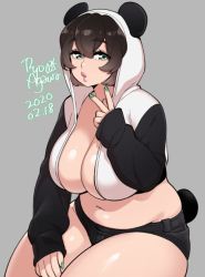 Rule 34 | 1girl, agawa ryou, animal hood, artist name, black shorts, bob cut, breasts, brown hair, chestnut mouth, cleavage, commentary, cowboy shot, cropped hoodie, dated, english commentary, fake tail, green eyes, green nails, grey background, hair between eyes, hand on own thigh, hand up, hood, hood up, hoodie, large breasts, long sleeves, looking at viewer, nail polish, navel, numbered, open mouth, original, panda hood, panda tail, pink lips, plump, short hair, short shorts, shorts, simple background, sitting, skindentation, sleeves past wrists, solo, tail, thick thighs, thighs, v