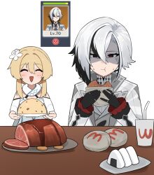 Rule 34 | 2girls, :d, :t, ^ ^, arlecchino (genshin impact), black hair, blonde hair, burger, closed eyes, coat, commentary, cup, disposable cup, drinking straw, eating, flasso, food, genshin impact, highres, holding, holding food, long sleeves, lumine (genshin impact), meat, multicolored hair, multiple girls, multiple views, onigiri, open clothes, open coat, open mouth, shaded face, smile, streaked hair, wcdonald&#039;s, white coat, white hair