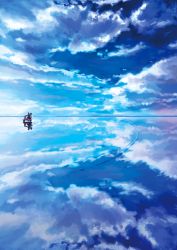 Rule 34 | 1boy, 1girl, blue sky, cloud, cloudy sky, commentary, day, dress, driving, from side, hat, highres, motor vehicle, ocean, on water, original, outdoors, reflection, ripples, scenery, scooter, sky, takaichi (tkch), water surface, water world, white dress